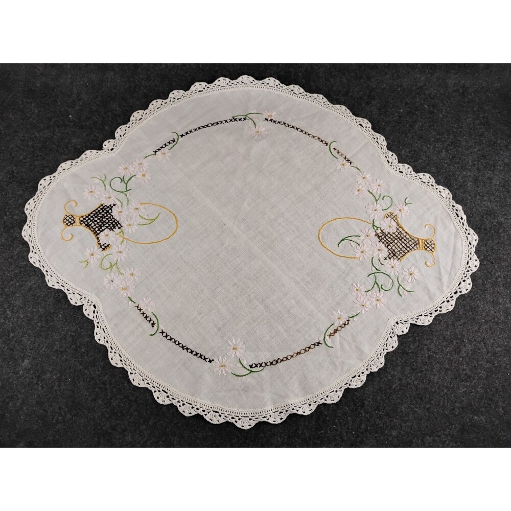 Vintage Dresser Scarf Doilie Doily Embroidered Approx 21 x 16.5"
